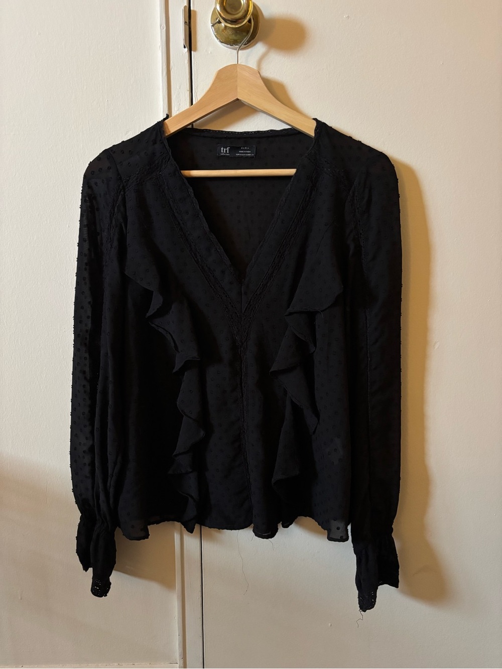 Zara Black Ruffle V-Neck Long Sleeve Blouse